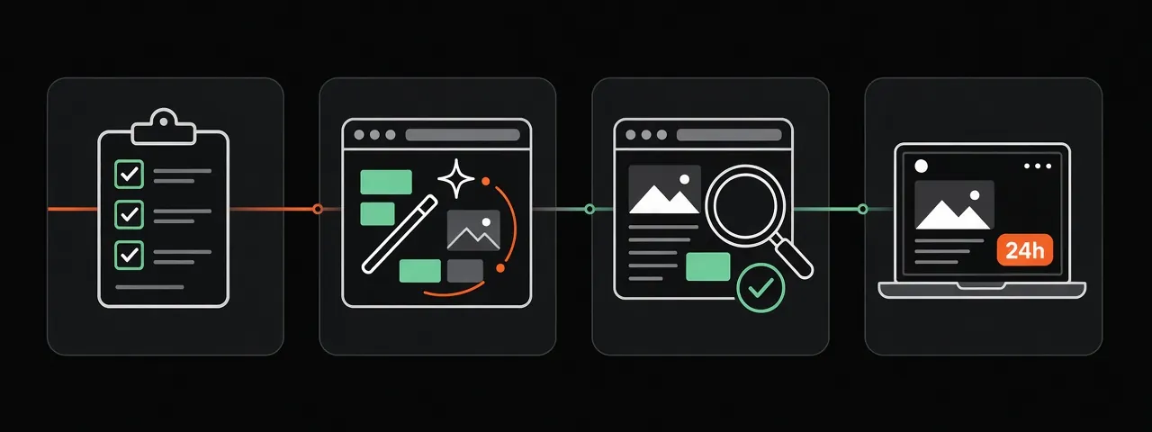 Linha do tempo em 4 etapas: briefing, criação com IA, revisão humana e site no ar em 24 horas