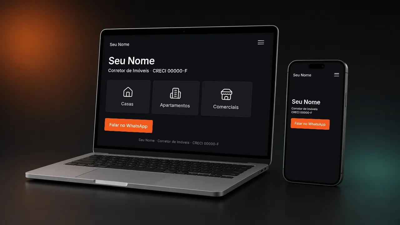Mockup de site de corretor de imóveis em notebook e celular: nome seguido de Corretor de Imóveis e CRECI, tipos de imóvel (casas, apartamentos, comerciais) e botão de WhatsApp