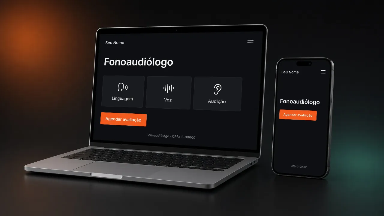 Mockup de site de fonoaudiólogo em notebook e celular: áreas de atendimento, CRFa no rodapé e botão de agendar avaliação